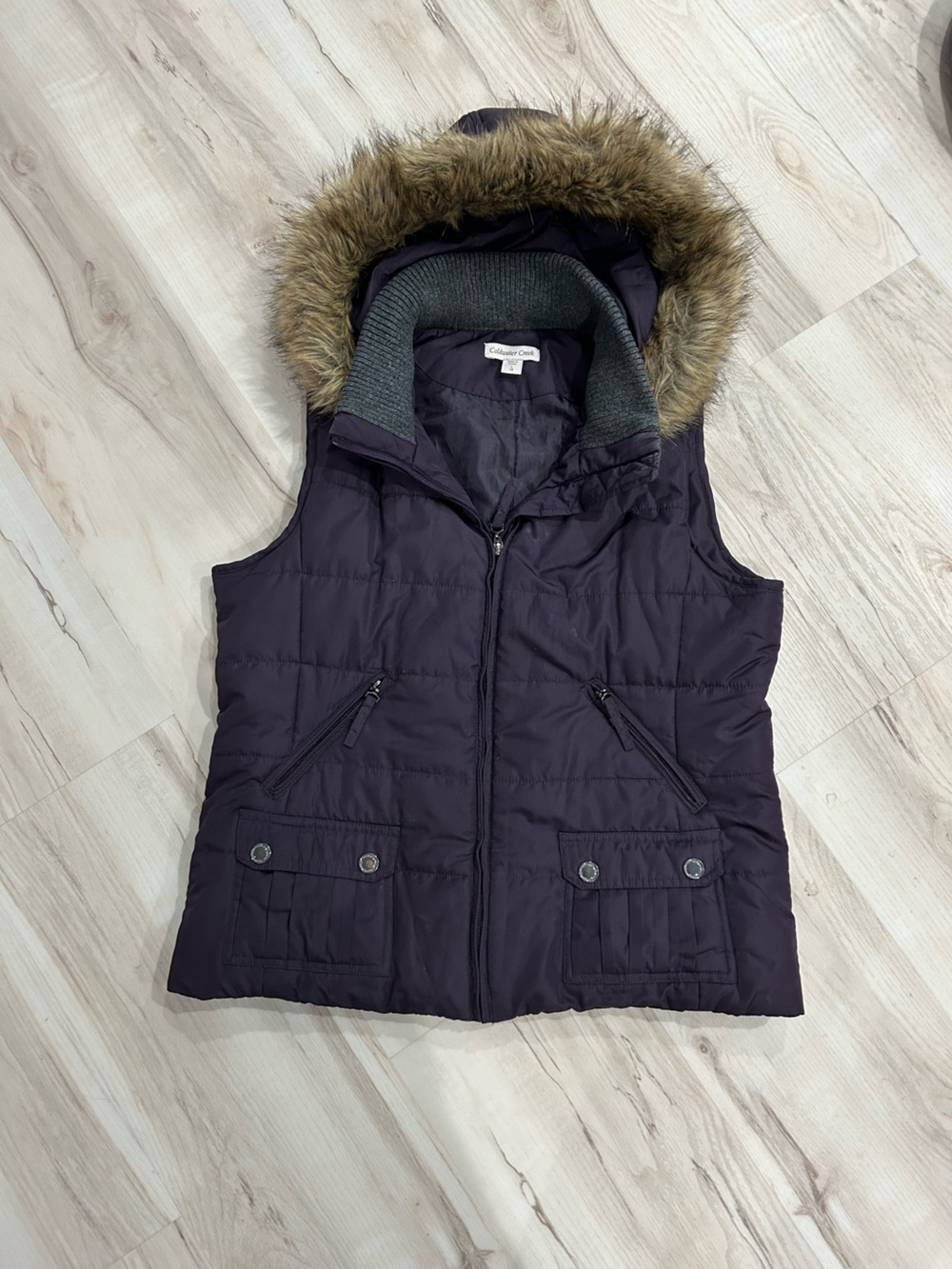 Coldwater Creek Quilted Hooded Vest with Faux-Fur Trim - Deep Purple